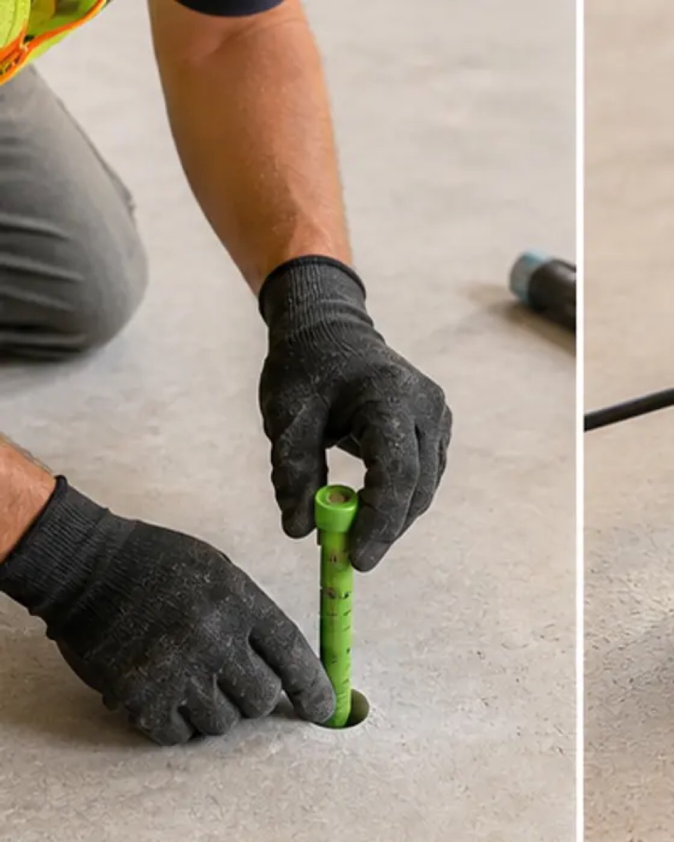 Technician placing an in-slab RH probe